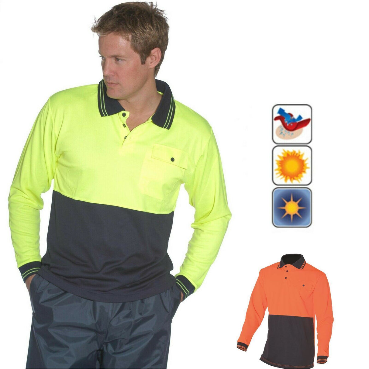 HUSKI Hi Vis Polo Shirt Long Sleeve Safety High Visibility Workwear Driver PPE