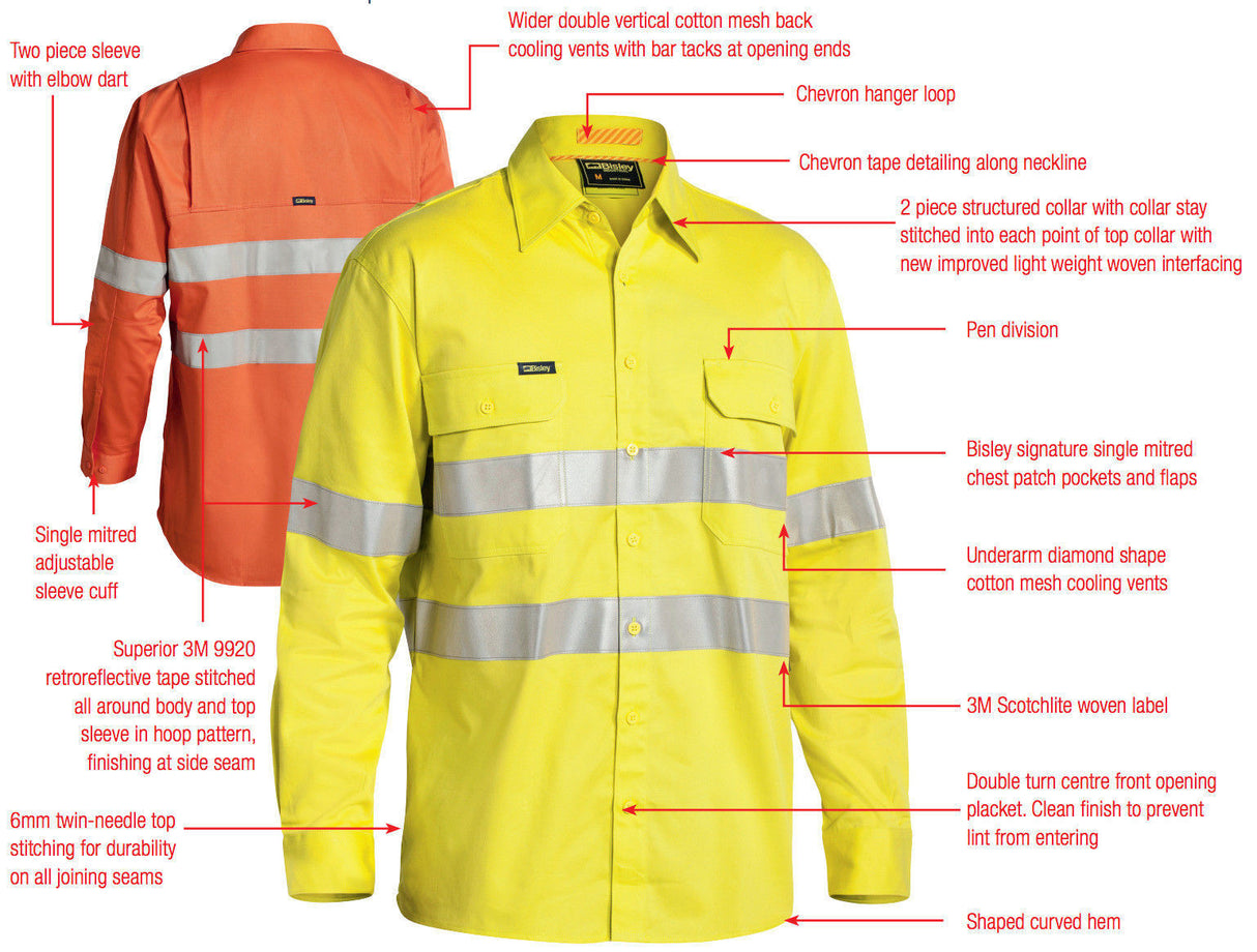 BISLEY 3M Taped Hi Vis Cool Vent Long Sleeve Industrial Shirt Workwear Cotton - BS6445T_BBLY