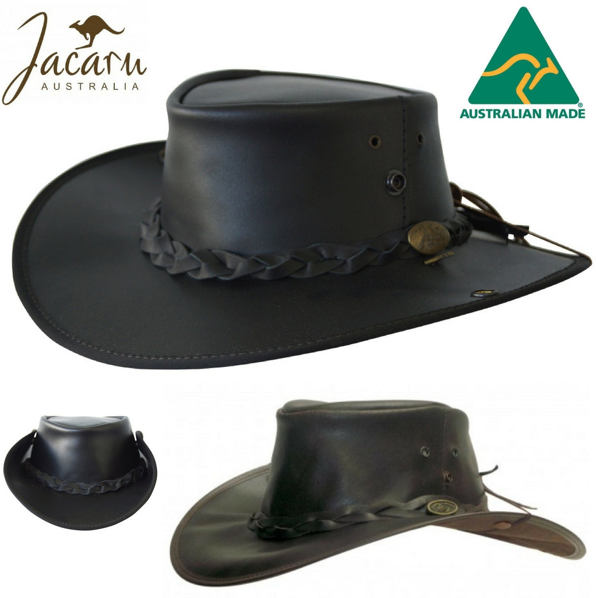 Jacaru Boundary Rider Anzac Style Bovine Cow Leather Hat Chinstrap Side Snaps