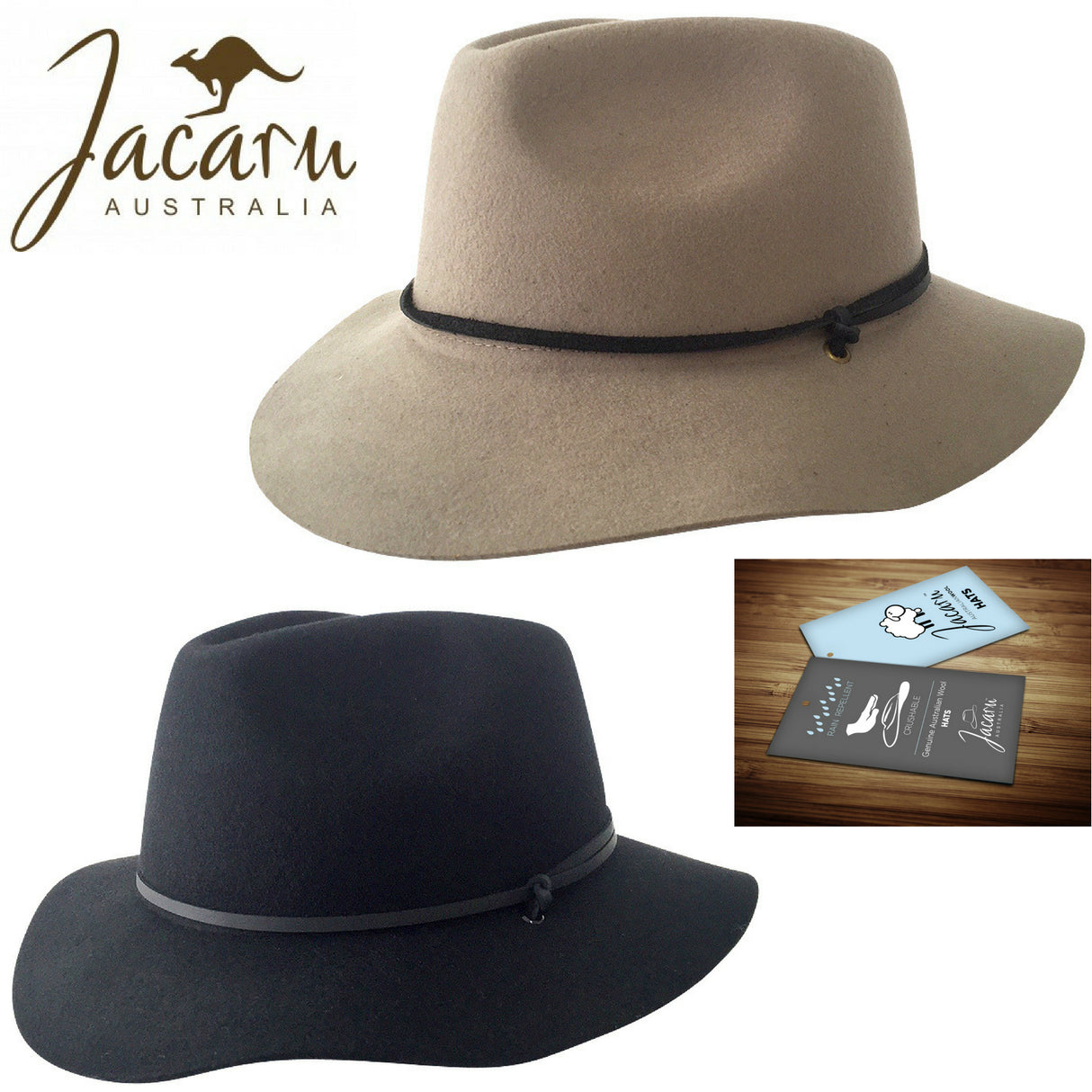 JACARU Australian Wool Poet Hat Trilby Fedora 100% WOOL Crushable Travel Genuine - Black