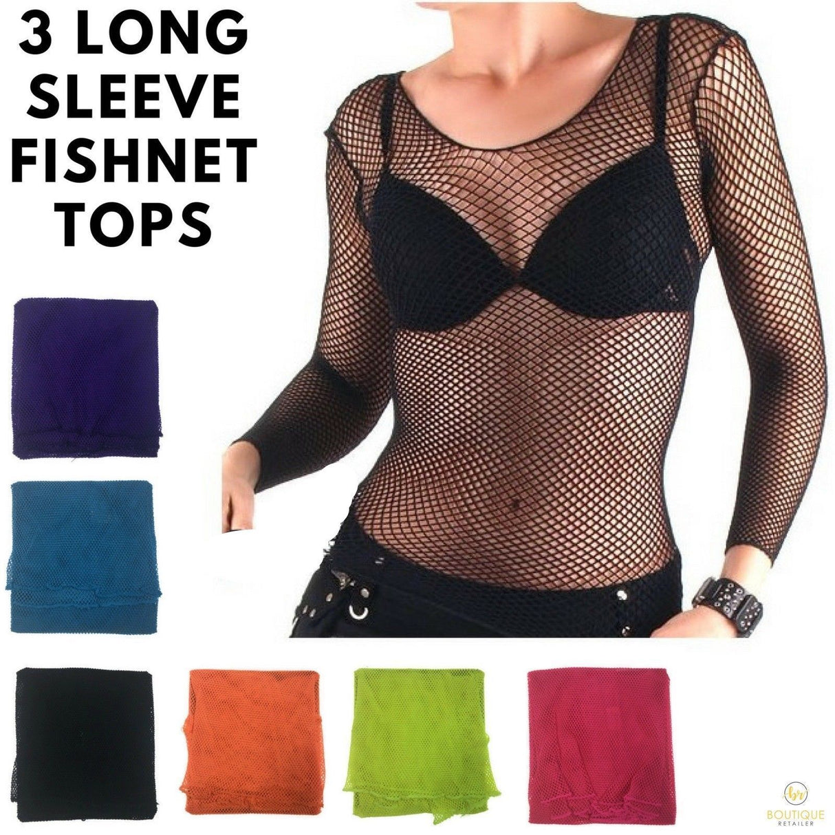 3x LONG SLEEVE FISHNET TOP Blouse T Shirt Tee Costume Party See Through