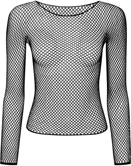 LONG SLEEVE FISHNET TOP Blouse T Shirt Tee Costume Party See Through - Fluro Orange