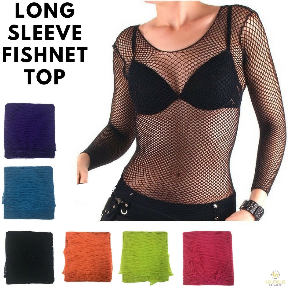 LONG SLEEVE FISHNET TOP Blouse T Shirt Tee Costume Party See Through