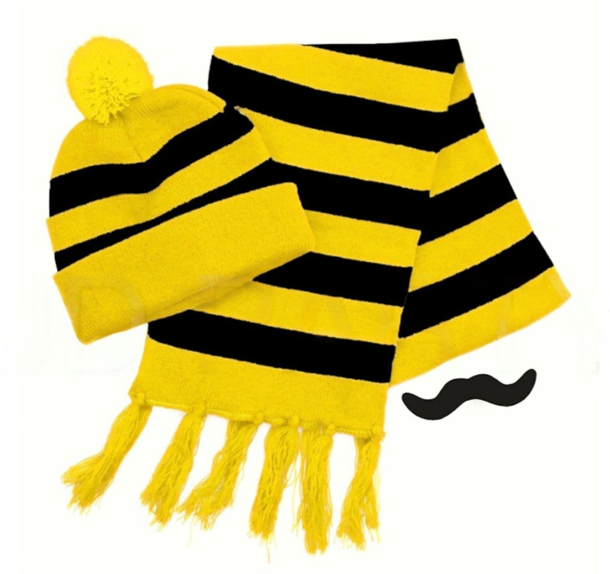 Tigers Beanie Hat & Scarf Set Party Costume w Moustache Warm Winter - Black/Yellow Stripe