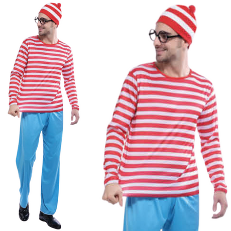 Mens Wheres Wally COSTUME FULL SET Party Hat Shirt Top Pants Book Week