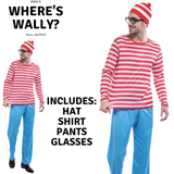 Mens Wheres Wally COSTUME FULL SET Party Hat Shirt Top Pants Book Week