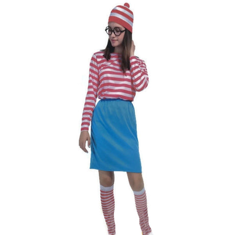 Womens Wheres Wally COSTUME FULL SET Party Hat Shirt Top Pants Ladies Book Week