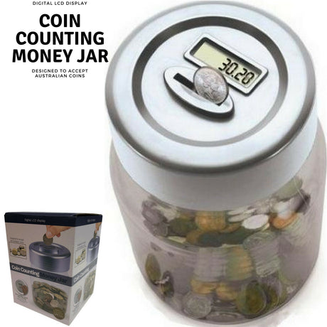 Aussie Coin Counting Money Box Jar Digital LCD Display - Suits Australian Coins