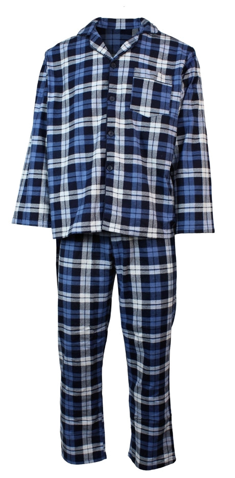 Mens Plus Size Flannelette Pyjamas 100% Cotton PJs Set Top Pants in Blue Check