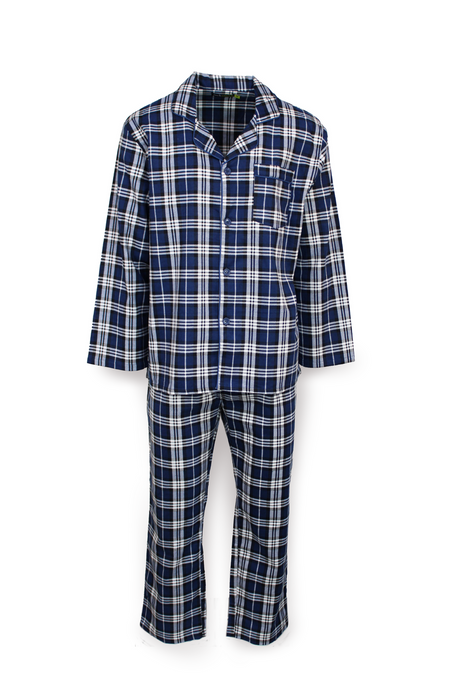 Mens Flannelette Pyjama Set Sleepwear Soft 100% Cotton PJs - Blue & White Check