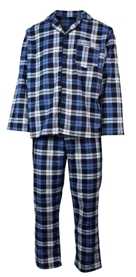 Mens Flannelette Pyjama Set Sleepwear Soft 100% Cotton PJs Two Piece - Blue/Multi Check