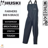 HUSKI OVERALLS Farmers Bib N Brace Waterproof Stretch Windproof Work - Navy