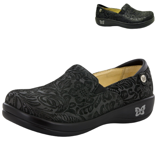 ALEGRIA Kelli Nursing Shoes Slip On Womens Work Working Hospitality - Black Embossed Paisley