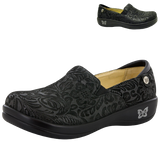 ALEGRIA Kelli Nursing Shoes Slip On Womens Work Working Hospitality - Black Embossed Paisley