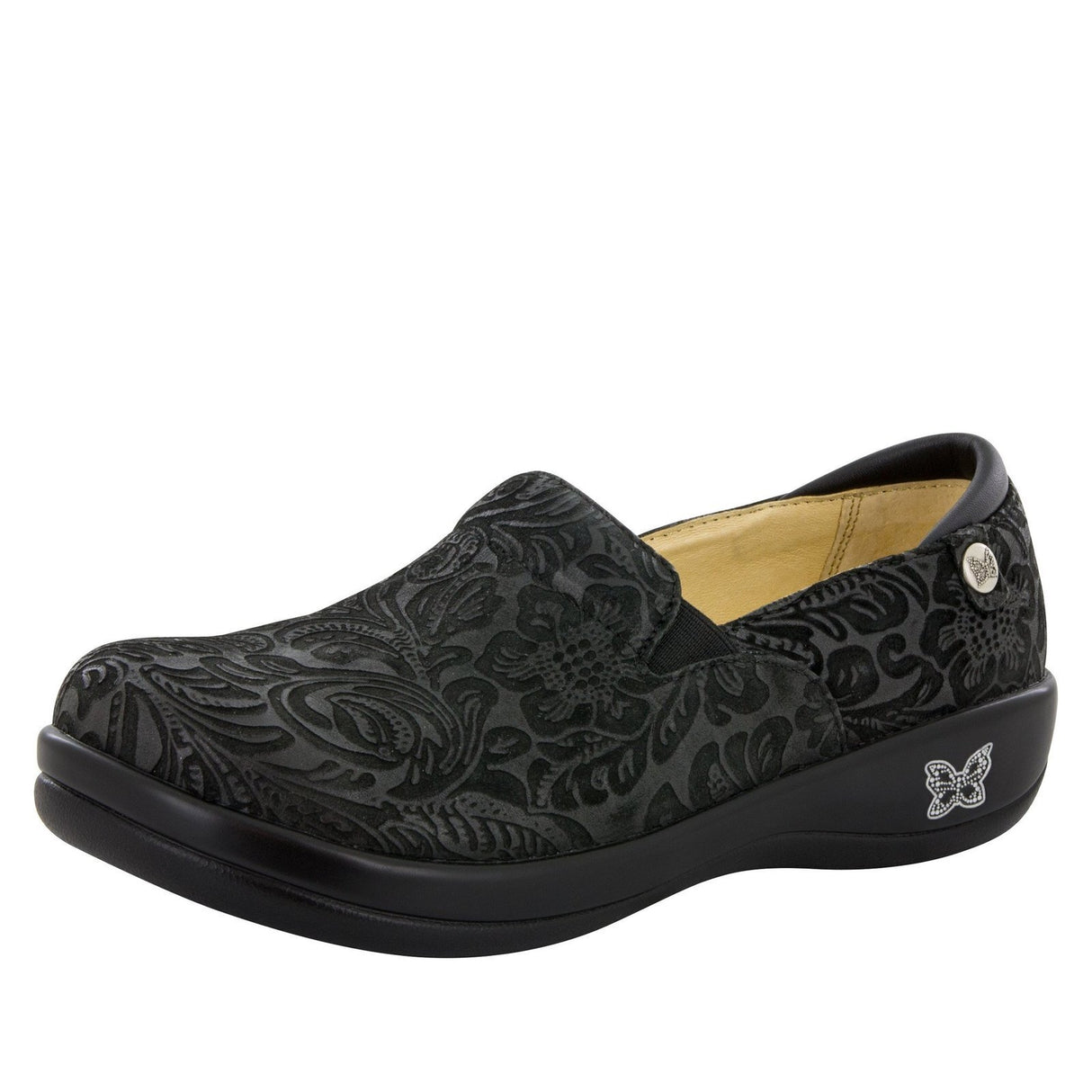 ALEGRIA Kelli Nursing Shoes Slip On Womens Work Working Hospitality - Black Embossed Paisley