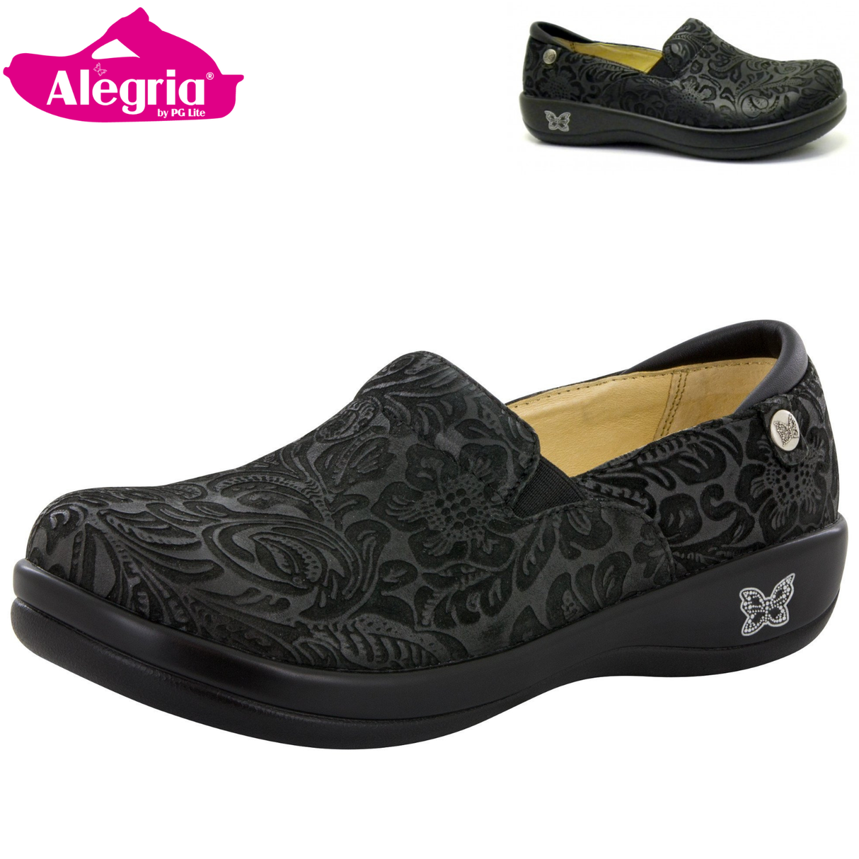 ALEGRIA Kelli Nursing Shoes Slip On Womens Work Working Hospitality - Black Embossed Paisley