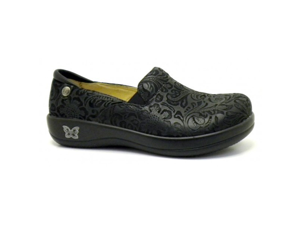 ALEGRIA Kelli Nursing Shoes Slip On Womens Work Working Hospitality - Black Embossed Paisley