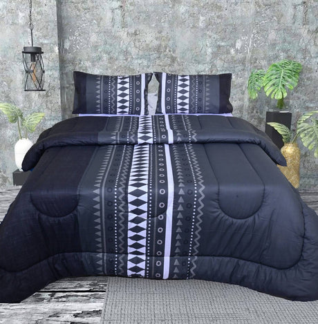 King Cotton Comforter Set with 2 Pillow Cases Duvet Quilt Bedspread in Black Stripe