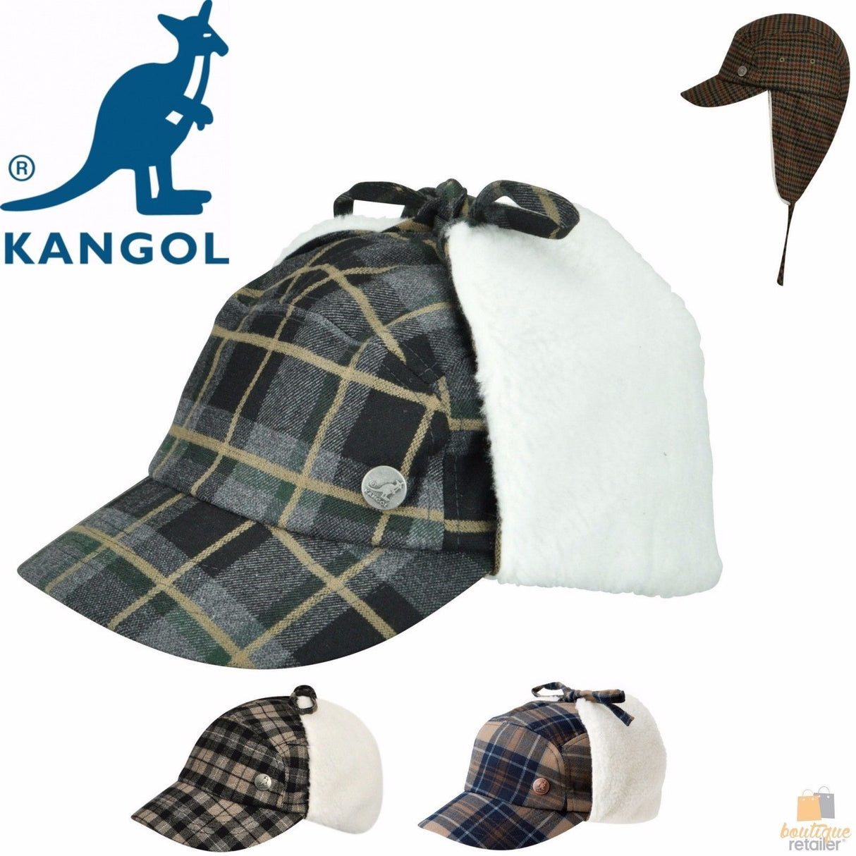 KANGOL Plaid Supre Ushanka Sherpa Chullo Lined Hat Warm Winter Ear Trapper Flying