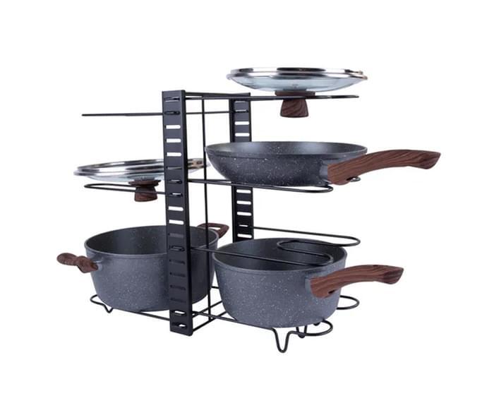 56cm Kitchen Pot/Pan/Lid Holder Cupboard Double Organiser Rac - Black