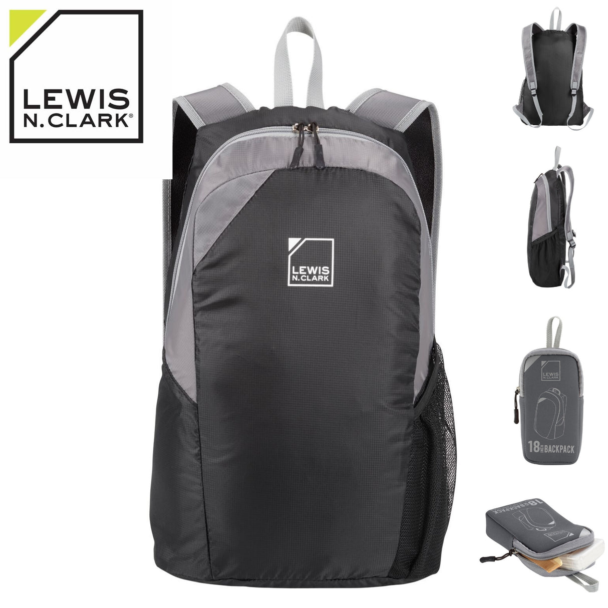 Lewis N. Clark 18" Packable Foldable Compact Travel Backpack Bag - Black/Grey