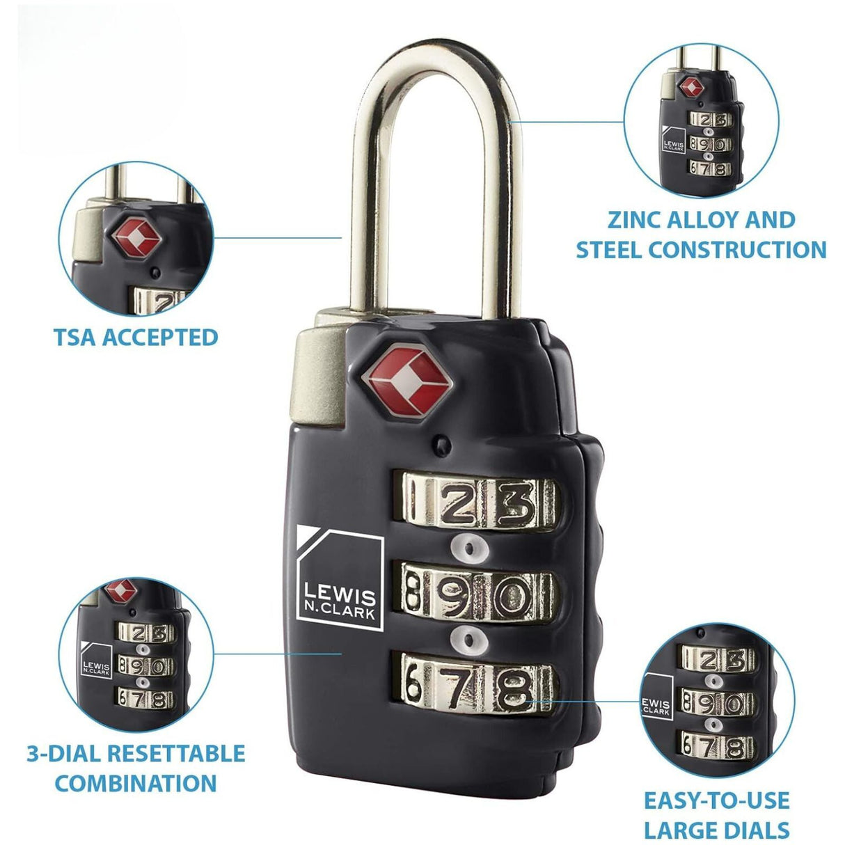 2x Lewis N Clark TSA Combi Lock Travel Luggage Padlock - Black