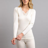 Ladies Thermal Long Sleeve Top Wool Blend Underwear Womens w/ Motif Lace - Beige