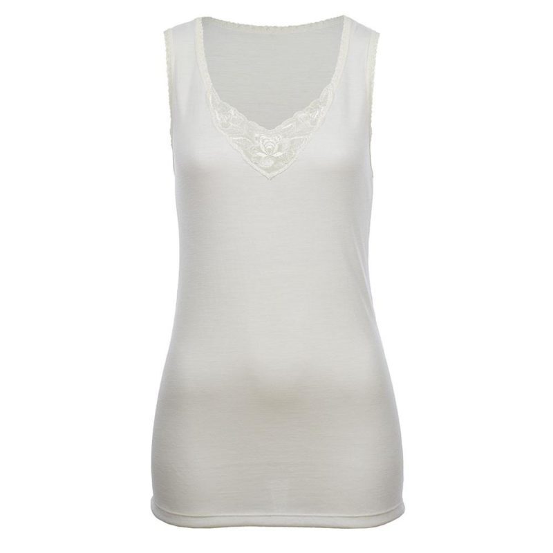 Thermo Fleece® Ladies Sleeveless Vest Thermal Top T Shirt w/Lace Motif - Natural