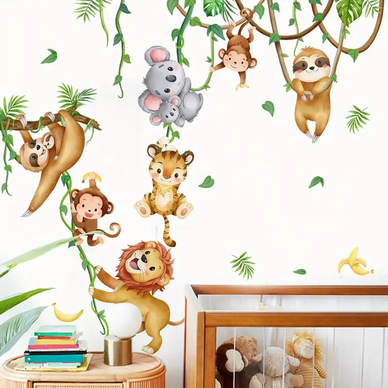 Set Of 2 Kids Room Wall Stickers Tree Branches Vine Monkey Pattern Self-Adhesive Wall Stickers