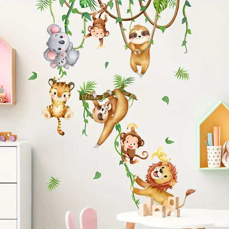 Set Of 2 Kids Room Wall Stickers Tree Branches Vine Monkey Pattern Self-Adhesive Wall Stickers