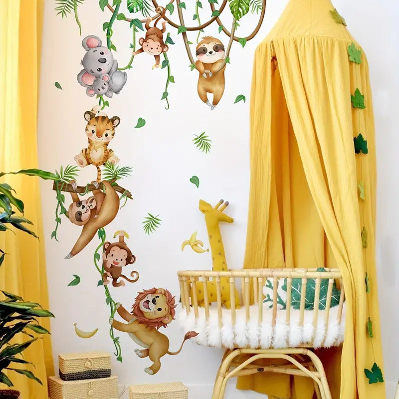 Set Of 2 Kids Room Wall Stickers Tree Branches Vine Monkey Pattern Self-Adhesive Wall Stickers