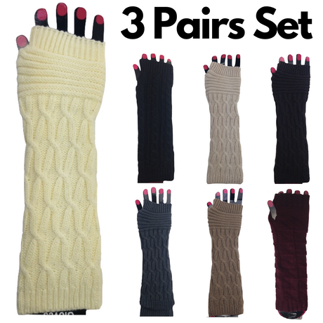 3x Set Arm Warmers Knitted Long Fingerless Gloves Winter Mitten Womens Cover New - Black