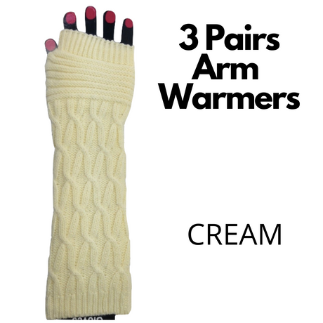 3x Set Arm Warmers Knitted Long Fingerless Gloves Winter Mitten Womens Cover New - Light Brown