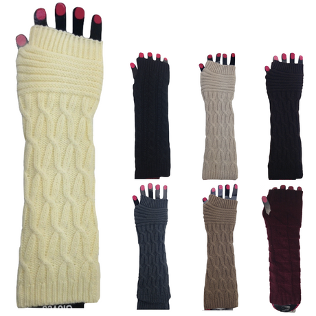 3x Set Arm Warmers Knitted Long Fingerless Gloves Winter Mitten Womens Cover New - Beige