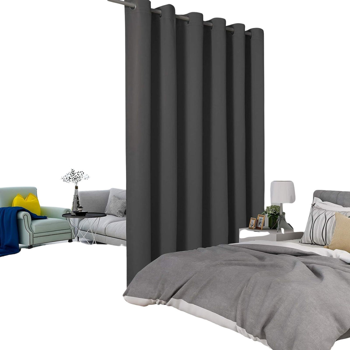 Dark Grey Room Divider Curtains - Total Privacy Wall Room Divider Screens Sound Proof Wide Blackout Curtain