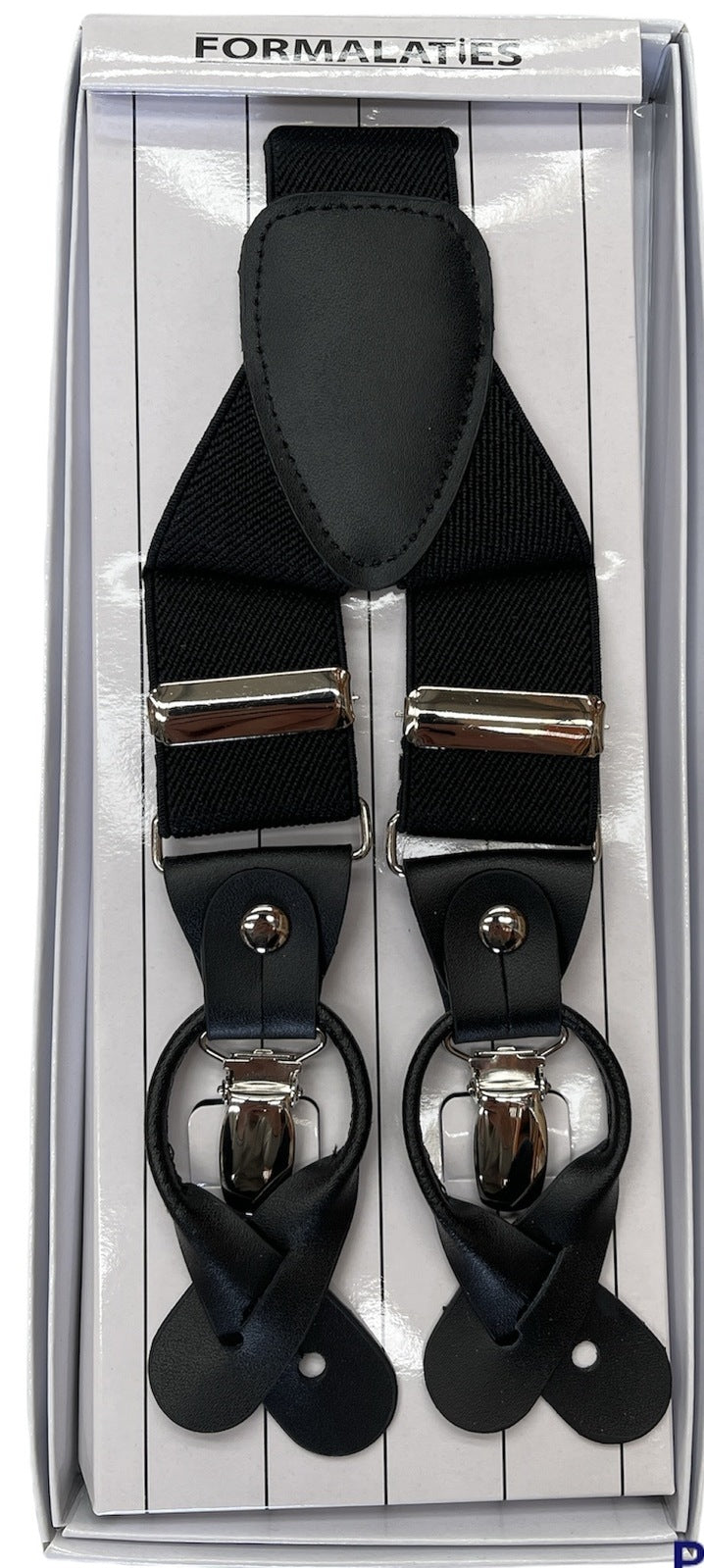 Mens Premium Convertible Suspenders Braces Clip On Elastic Y-Back Traditional Leather Tab - Black