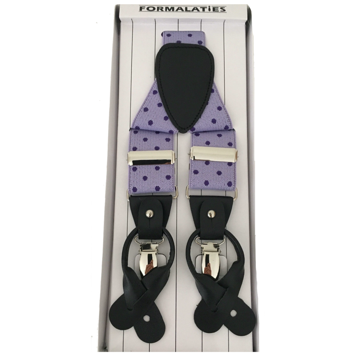 Mens Premium Convertible Suspenders Braces Clip On Elastic Y-Back Traditional Leather Tab - Polka Lilac/Purple