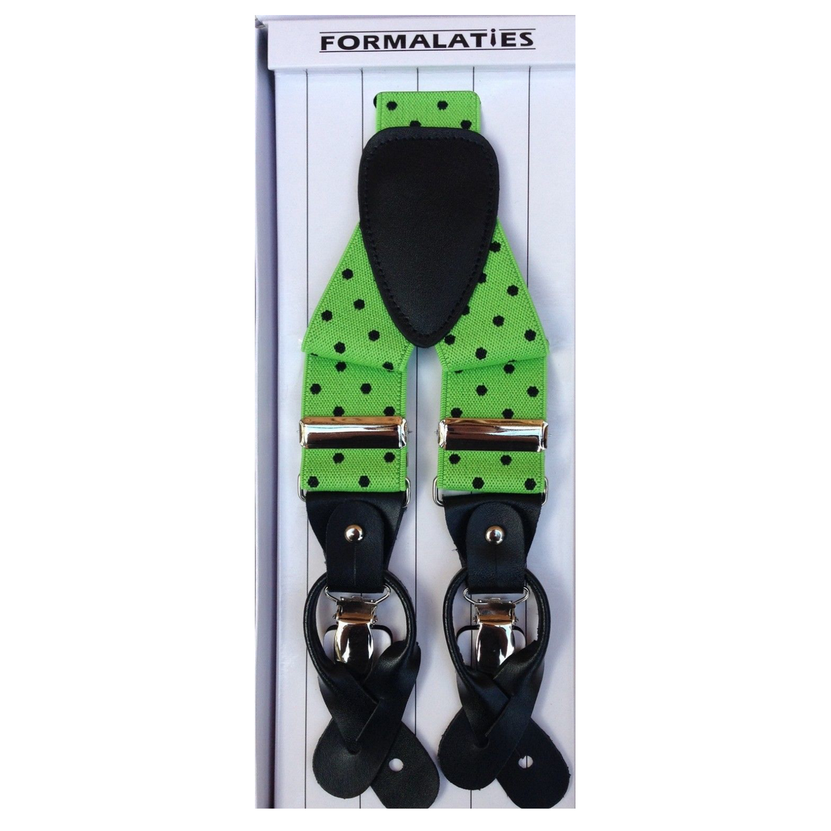 Mens Premium Convertible Suspenders Braces Clip On Elastic Y-Back Traditional Leather Tab - Polka Lime/Black