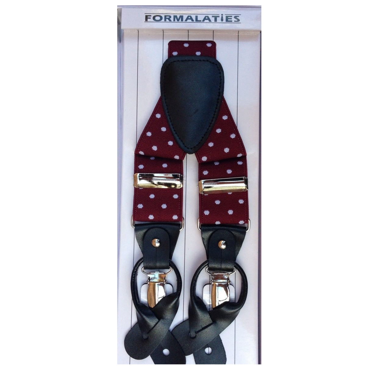 Mens Premium Convertible Suspenders Braces Clip On Elastic Y-Back Traditional Leather Tab - Polka Wine/White