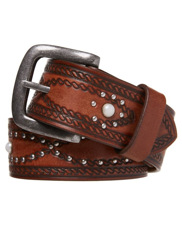 Mens Studded Genuine Buffalo Leather Belt Dual Size - Brown