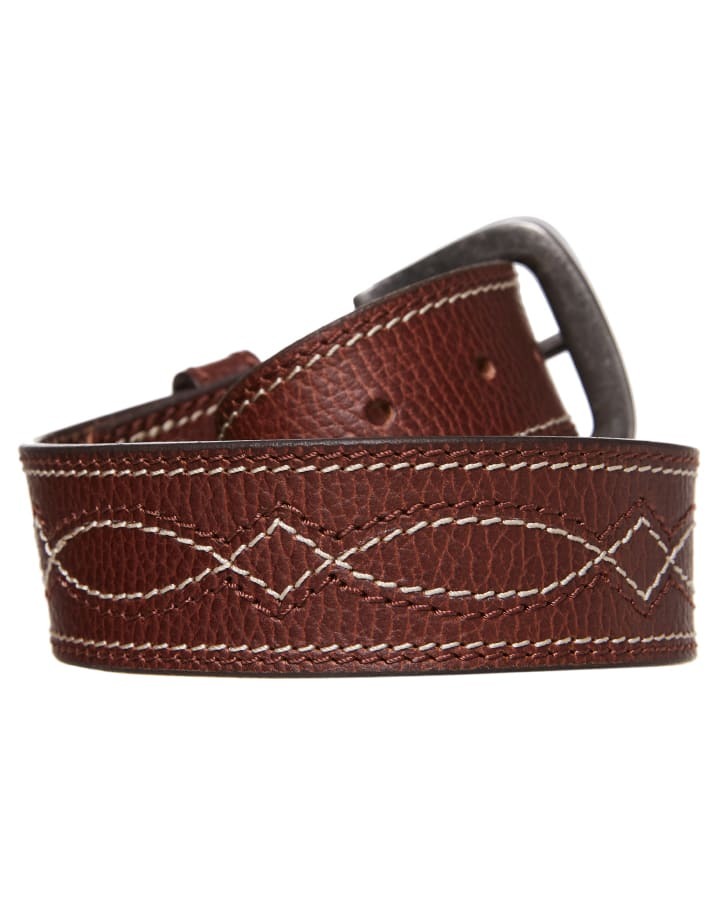 Mens Decor Stitch Genuine Buffalo Leather Belt Dual Size - Brown