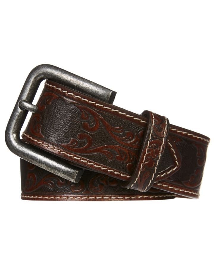 Mens Engraved Genuine Buffalo Leather Belt - Brown