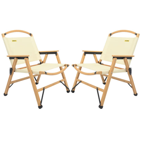 2x Bamboo Canvas Foldable Outdoor Camping Chair Wooden Picnic Park - Khaki/Beige