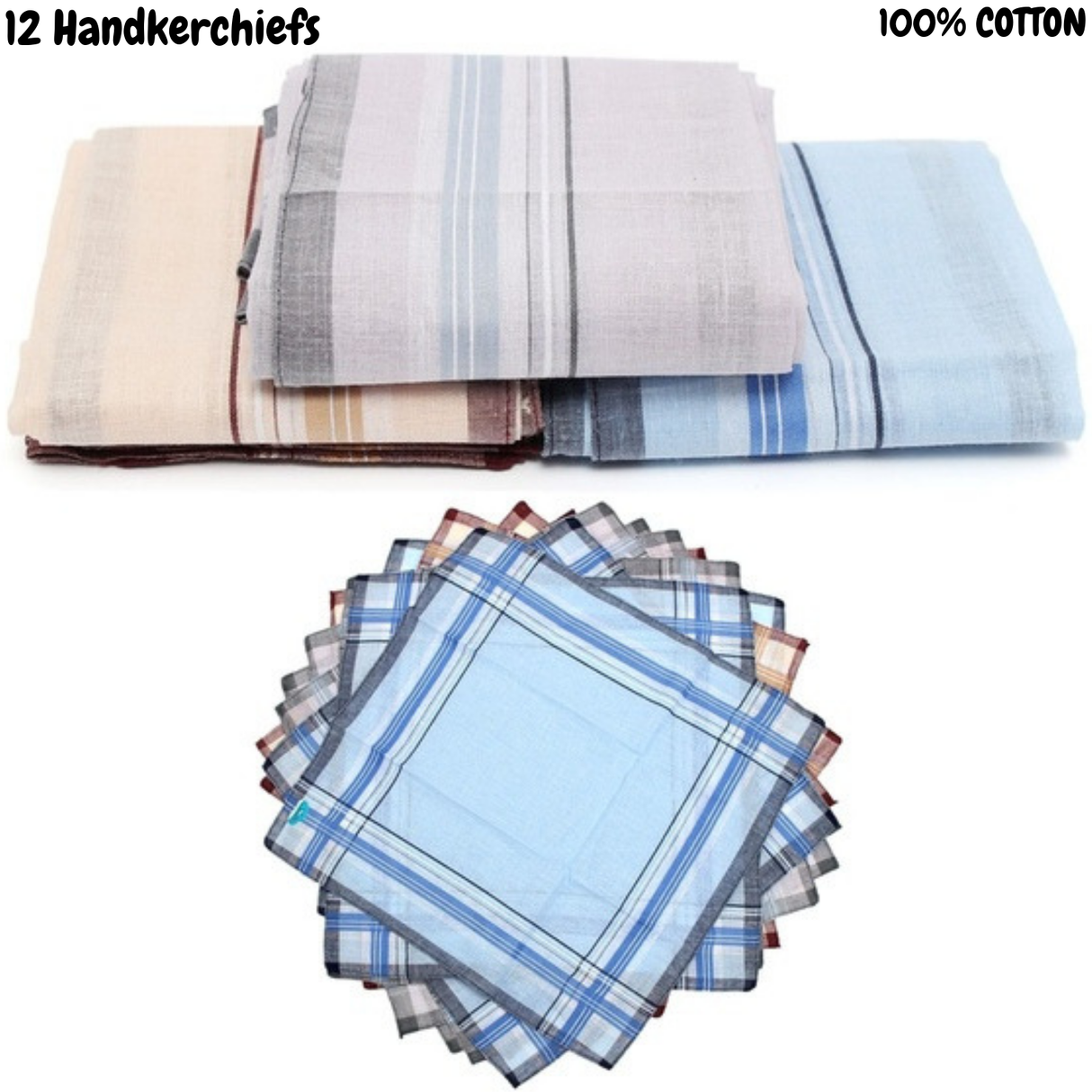 Mens HANDKERCHIEFS 100% Cotton Pocket Square Hanky Handkerchief 5x35cm - 12 Hankies