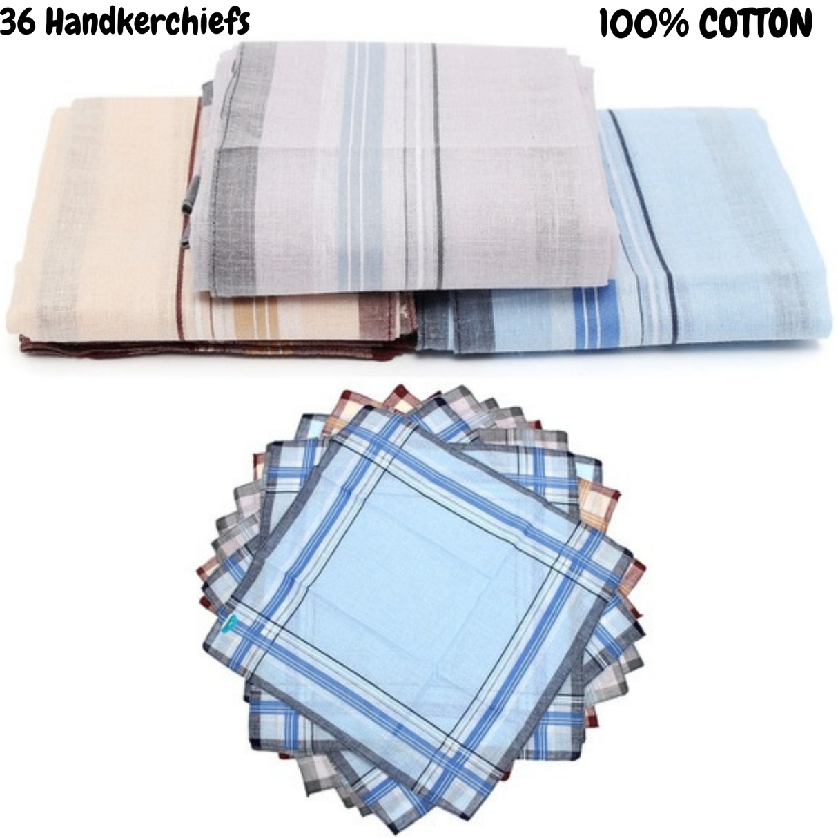 Mens HANDKERCHIEFS 100% Cotton Pocket Square Hanky Handkerchief 35x35cm - 36 Hankies