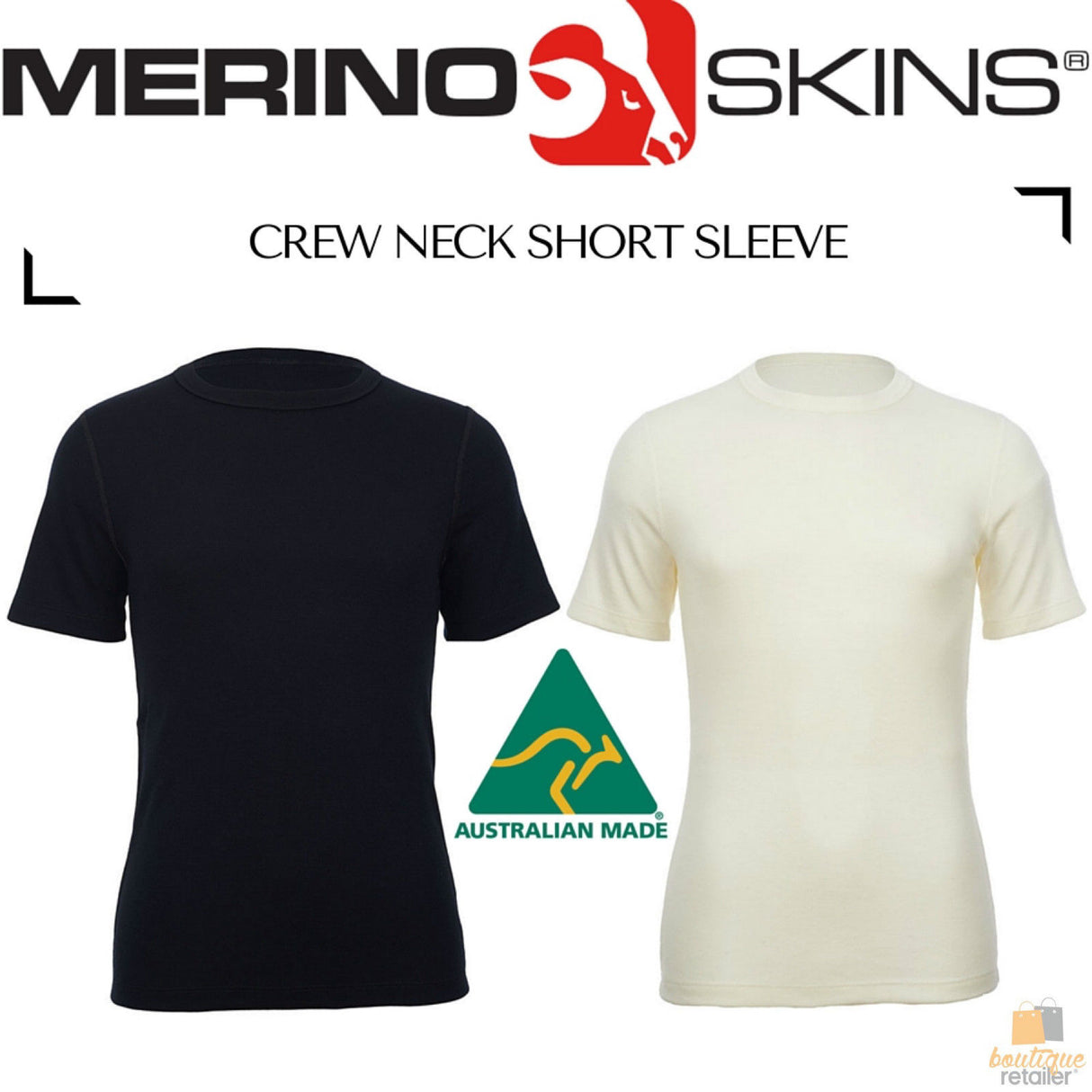 MERINO SKINS Crew Neck Short Sleeve T-Shirt Top 100% Wool Underwear Thermals - Black