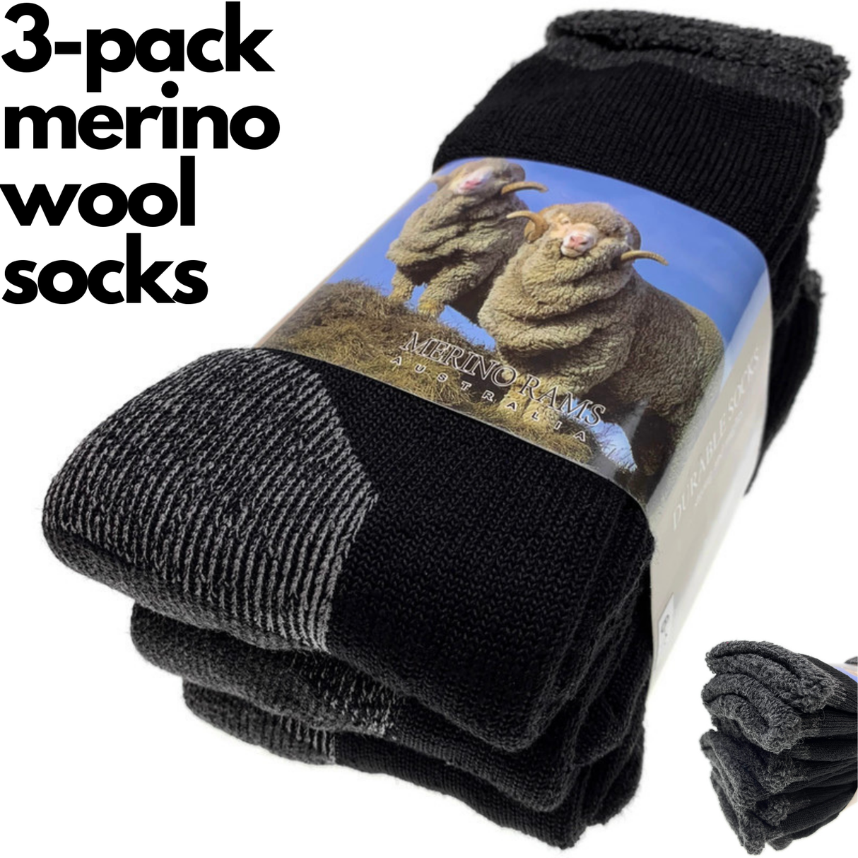 3 Pairs Heavy Duty Merino Wool Work Socks Extra Thick Cushion (Size 11-14)