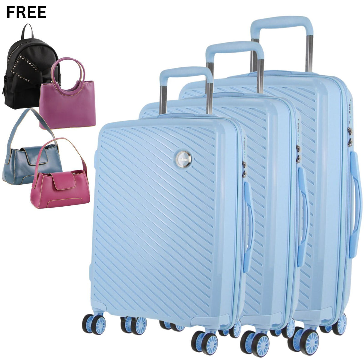 Pierre Cardin Inspired Milleni Hardshell 3-Piece Luggage Set in Blue + FREE Bags