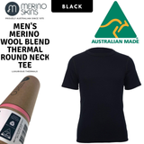 MERINO SKINS Mens Classic Crew Neck Tee Wool Thermal T-Shirt Short Sleeve - Black