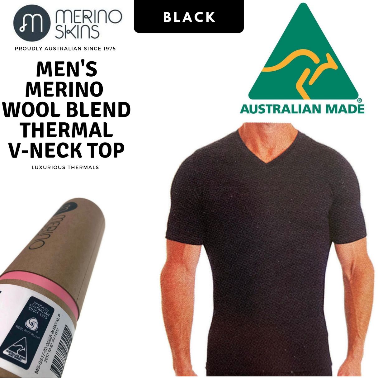 MERINO SKINS Mens Classic V-Neck Tee Wool Thermal T-Shirt Short Sleeve - Black